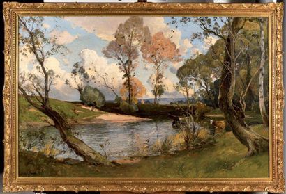 null Paul LECOMTE (1842-1920) Paysage à l’étang, vaches Huile sur toile Signé en...