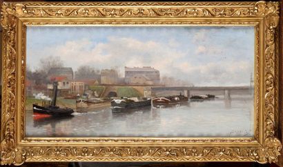 null Joannès DREVET (1854-1940) Péniches sur la Saône Huile sur panneau Signé en...