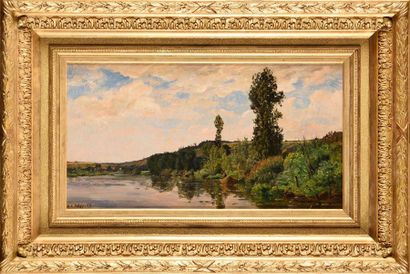 null Hippolyte Camille DELPY (1842-1910) Barque en bord de fleuve Huile sur panneau...