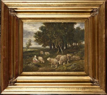 null James DESVARREUX-LARPENTEUR (1847-1937) Berger et ses moutons Huile sur toile...