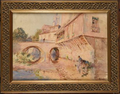 null Alphonse BIRCK (1859-1942) Les lavandières à Moret Aquarelle Signé en bas à...