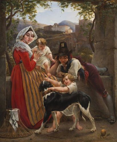 null Louis RICQUIER (1792 - 1884) An Italian family in front of a landscape Circa...