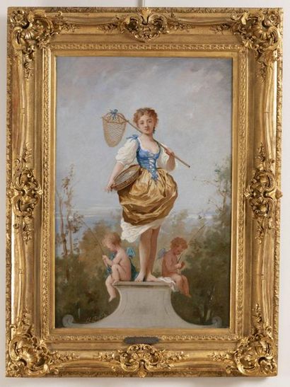 null Charles CHAPLIN (1825-1891) Young girl with a net, standing on a pedestal where...