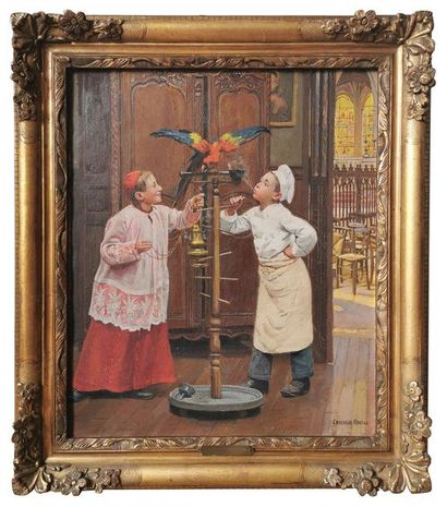 null Paul-Charles CHOCARNE-MOREAU (1855-1931) Enfants au perroquet Huile sur toile...