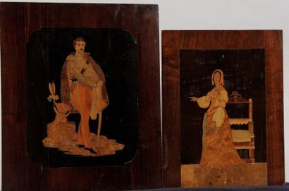 null ALSACE, 19th century: 1) OFFICER'S PORTRAIT in native wood marquetry on an ebony...