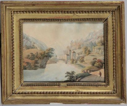 null ECOLE DU XIX siècle Paysage de lac de montagne, Encre de chine et aquarelle....
