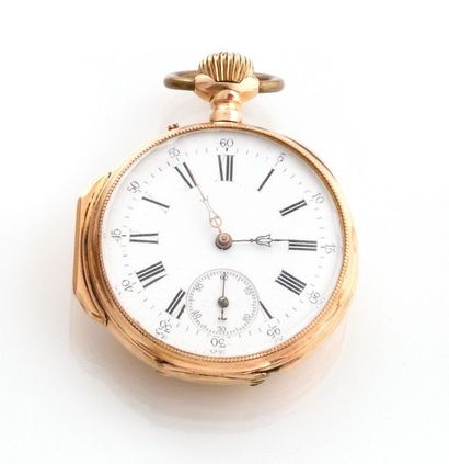 null POCKET WATCH in 18K pink gold (750 thousandths). White enamelled dial with Roman...