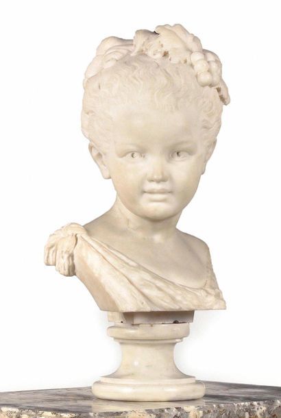 null Bust of a young girl in white marble, draped in the Antique style, resting on...