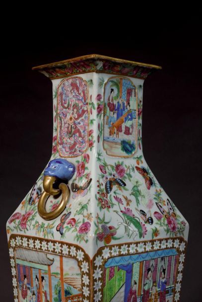 null CHINA Large quadrangular shaped porcelain vase decorated in rose family enamels...