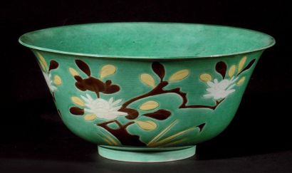 null CHINA Large enamelled biscuit bowl with green background with incised decoration...