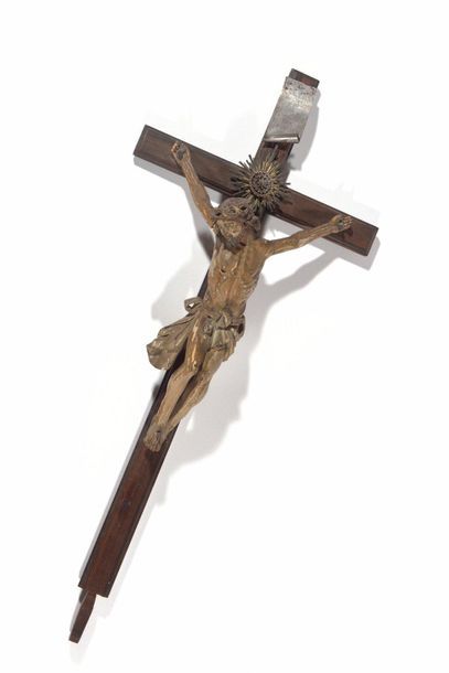 null Crucifix with Christ in carved and polychromed wood on a rosewood cross. Head...