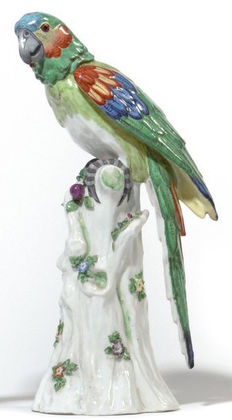 null Meissen (kind of) Two porcelain parrots resting on tree trunks, polychrome decoration....