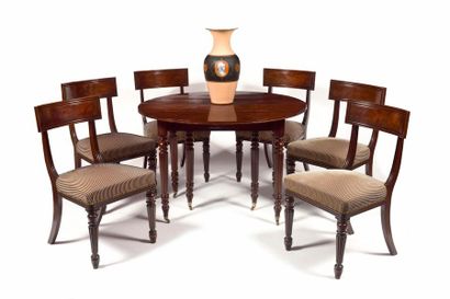 Mahogany dining table, circular, with two...