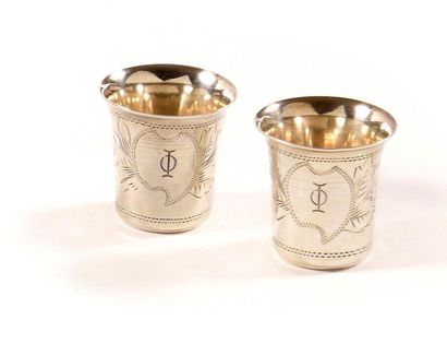 null TWO VODKA GLASSES

Engraved silver

Punches: 84 and female head turned to the...