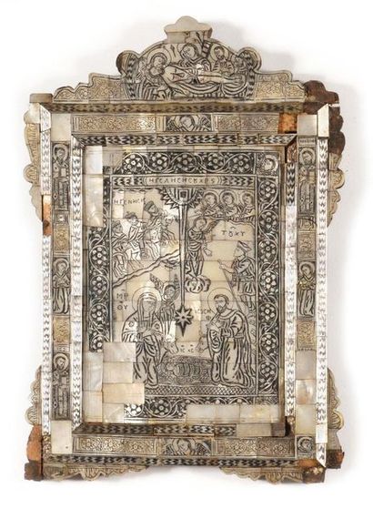 null Icône « Nativité du Christ » 

Grèce, fin XVIIIe siècle

Nacre gravé, bois

37...