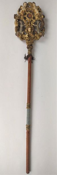 null PROCESSIONAL BATON in carved wood, polychrome and gilded, representing two penitents...