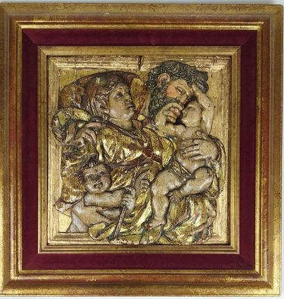 null PANEL in resinous wood carved in fort-relief, polychrome and gilded representing...