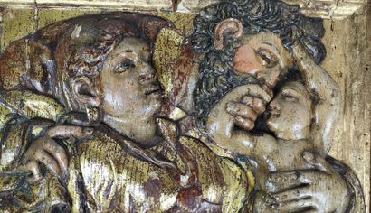 null PANEL in resinous wood carved in fort-relief, polychrome and gilded representing...