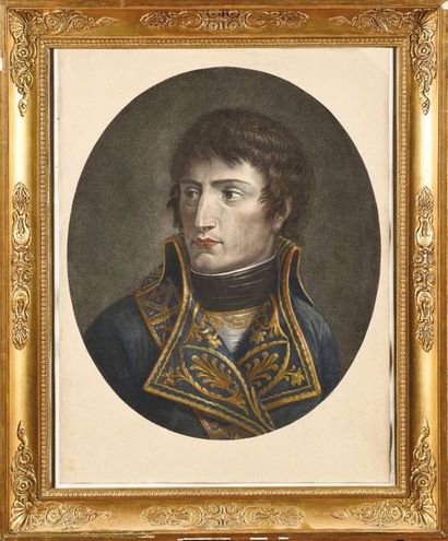 null Grande gravure aquarellée à vue ovale. « Le général Bonaparte ». Sous verre....