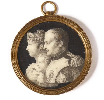 null Napoléon Ier, Marie Louise et le Roi de Rome. Miniature ronde sous verre. Cerclé...