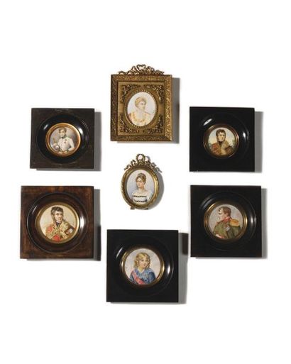 null Set of seven framed miniatures on the First Empire: General Junot, Emperor Napoleon...