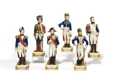 null Ensemble de 6 figurines en porcelaine polychrome : Lepic, Bertrand, Ney, Eugène...