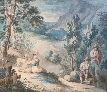 null Bartolomeo PINELLI (1771-1835) (Ecole de) Scène pastorale Crayon noir, aquarelle...