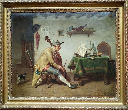 null Manuel AMELL Y JORDA (1843-1902) The cellist in his interior Oil on canvas (rentoilé)...