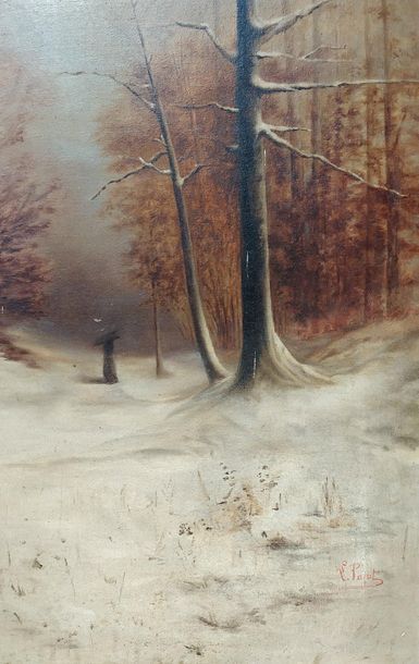 null ECOLE FRANCAISE du XIXème siècle Forêt enneigée Huile sur toile Signée en bas...