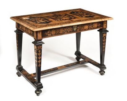 null MIDDLE TABLE in veneer wood and floral marquetry all sides opening by a drawer...