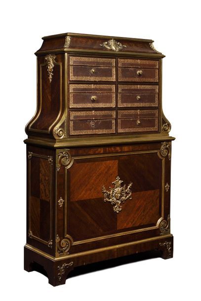 null Rare CARTONNIER in veneer wood and marquetry with rich ornamentation of gilded...