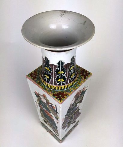 null CHINA Large square section vase in enamelled polychrome porcelain with horseman...