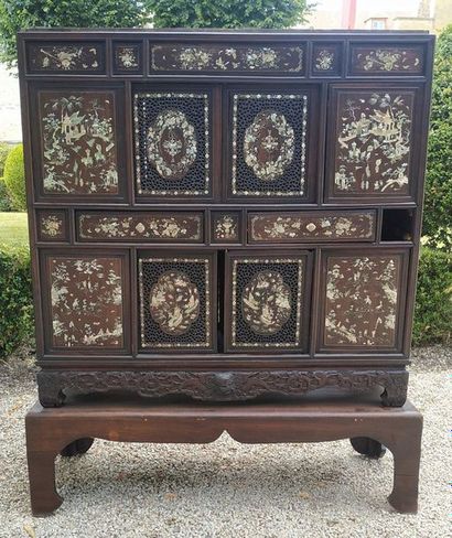  CABINET in stained wood inlaid with mother-of-pearl including drawers and shelves....