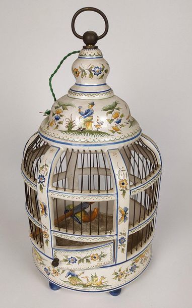  MOUSTIERS Polychrome earthenware chandelier with birdcage decoration. XXth century...