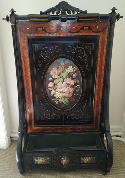  CHIMNEY SCREEN in blackened wood and precious wood marquetry with porcelain medallions...