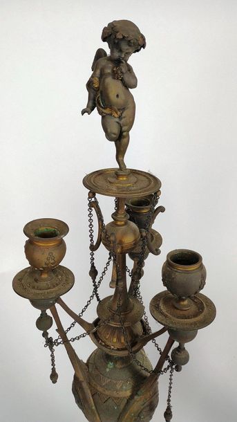  Pair of bronze CANDELABRES with a double patina, decorated with Etruscan vases holding...
