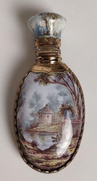 null PERFUM BOTTLE in polychrome porcelain decorated with a gallant scene in a landscape....