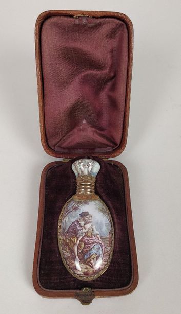 null PERFUM BOTTLE in polychrome porcelain decorated with a gallant scene in a landscape....