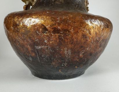 null GOLDSCHEIDER Pair of large varnished terracotta vases. Flattened spherical shape,...