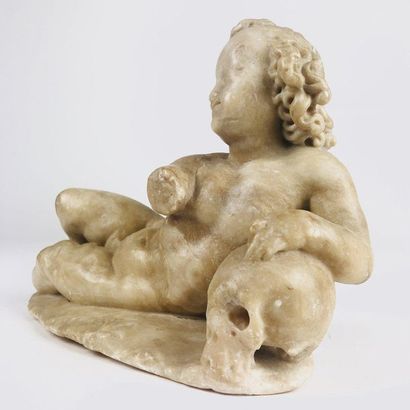 null VANITY with naked and elongated child in alabaster carved in a round hump attached...
