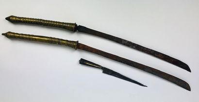 null PAIR OF SABRES with copper handles and DAGGER with ebony and bone handles. Foreign...