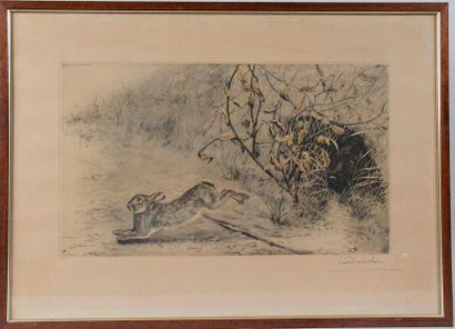 null Léon DANCHIN – 1887-1938 LA CHASSE AU LIÈVRE Aquatinte rehaussée signée en bas...