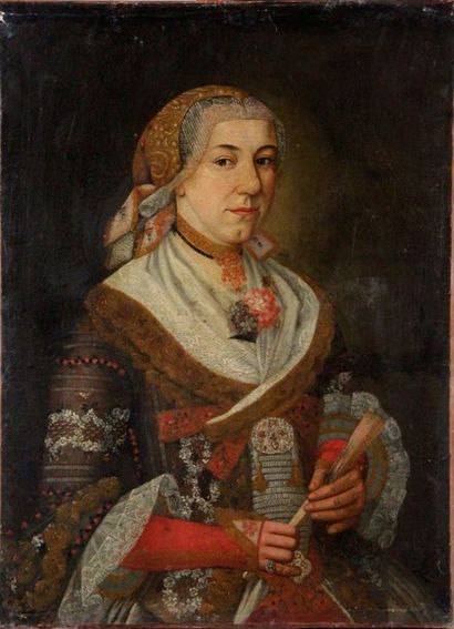 null ÉCOLE D’ITALIE DU NORD vers 1700 Portrait de jeune femme en costume régional,...