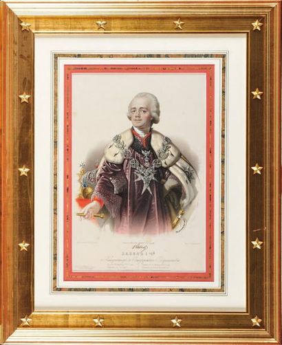 Ecole russe du XIXe siècle «Portrait de l'Empereur de Russie Paul 1er» Gravure aquarellée...