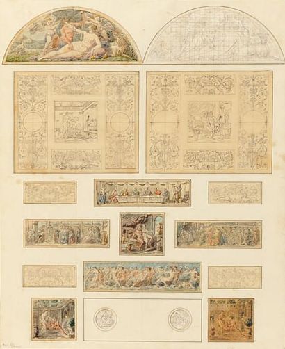 PERCIER Charles (1764-1833) Suite de dix sept dessins au crayon et à l'aquarelle...