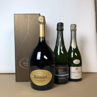 null 3 flacons : 1 magnum CHAMPAGNE RUINART Brut, 1 bouteille CHAMPAGNE ERIC ETIENNE...