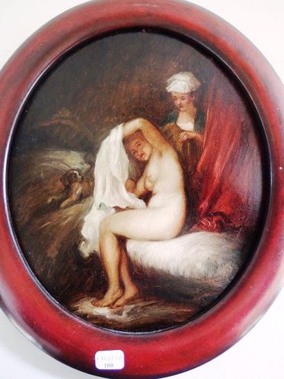 null French school XVIIIth century, oil on panel, nude at her toilet. 23 x 20cm.