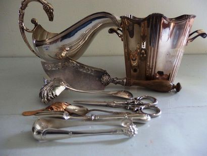 null A batch of silver metal consisting of a gravy boat, a cooler, grape scissors....