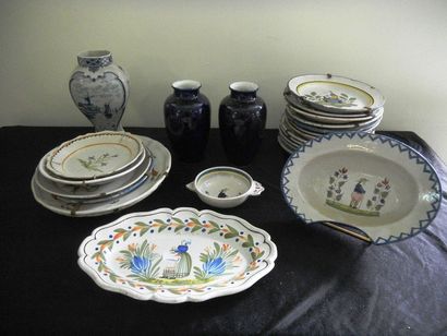 null Set of old earthenware plates, two vases in Sèvres blue (coulours), and a Delft...