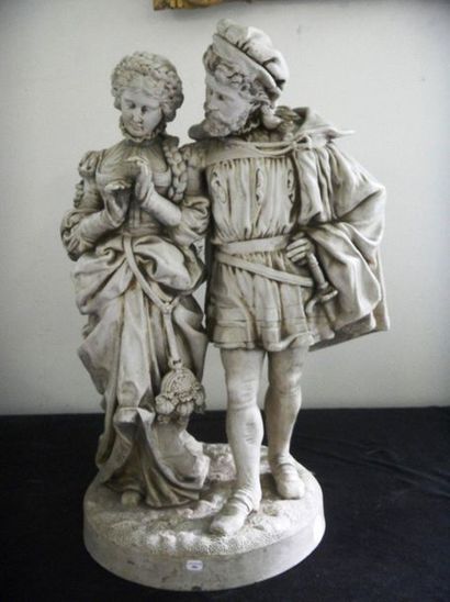 null Large terracotta band, renaissance couple. Missing the point of the sword. Height...